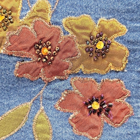 ERIKA Sleeveless Denim Jean Maxi Dress Fall leaves embroidered beads Size Medium - Picture 3 of 10